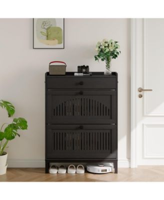 Shoe Storage Cabinet with 2 Flip Drawer, Shoes Organizer with with Top Drawer,Hollow Out Panel And Square Handles