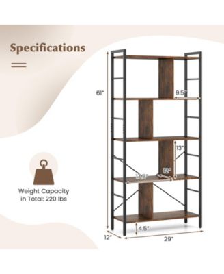 5-tier Bookcase 61 Inch Tall Industrial Bookshelf with Metal Frame