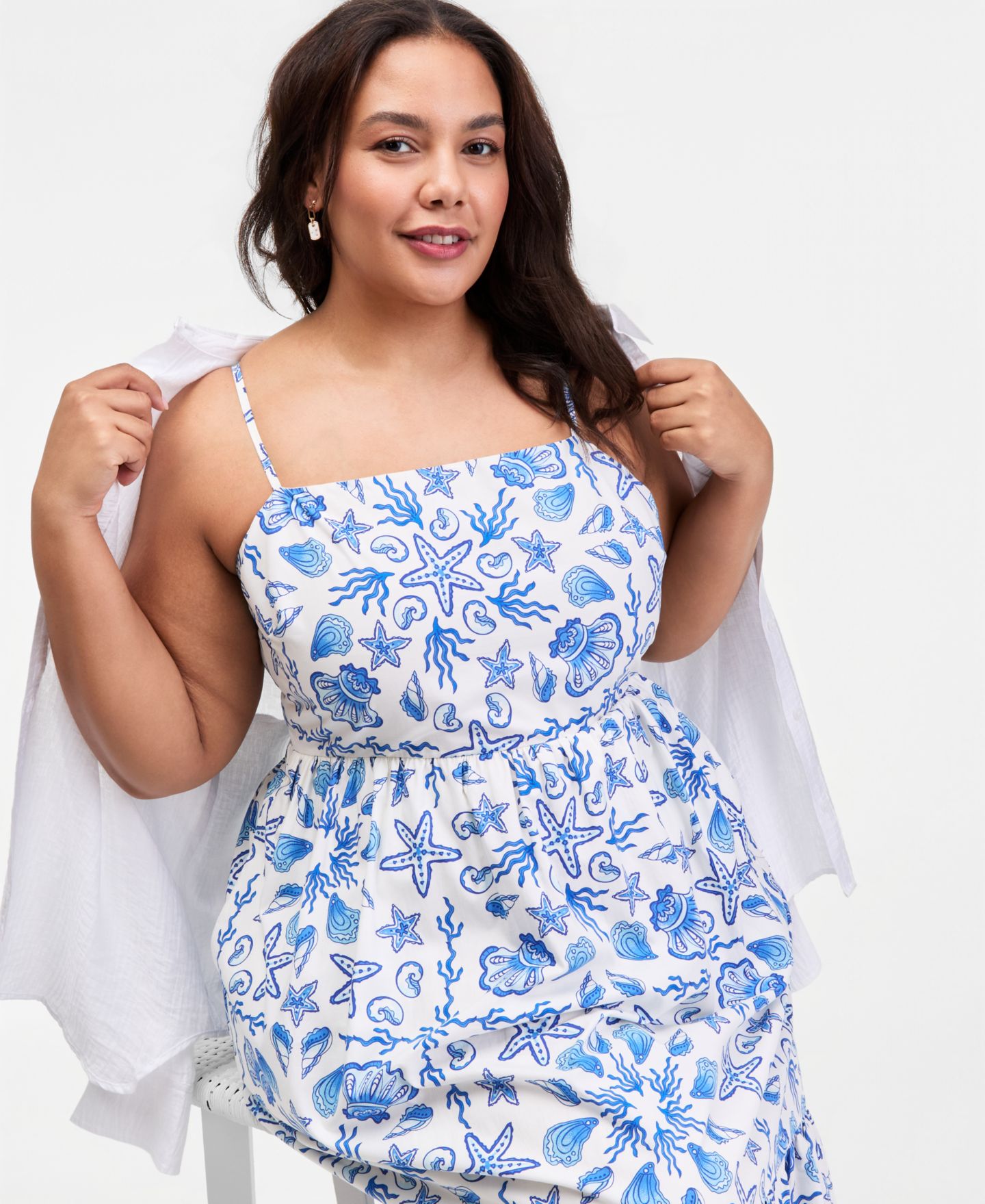 Женское платье On 34th Plus Cotton Poplin Back-Cutout Tiered Midi, цвет: Зимняя слоновая кость комбинированный — фото 2