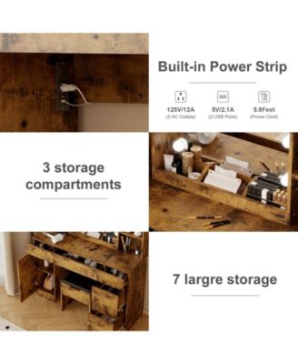Farmhouse Makeup Vanity Set with Lighted Mirror, Shelves and Charging Station