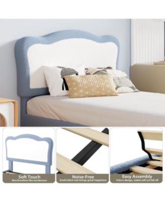 Twin Upholstered Bed Frame Two-Tone Scalloped Headboard Velvet Princess Platform Solid Wood Slats No Box Spring Noise-Free