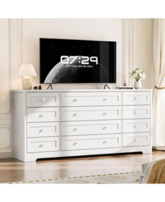 12 Drawers Wood Dressers for Bedroom, 63" Long Wooden Dresser for Living Room, Hallway, 16" Wide TV Stand Dresser for 65 Inch TV, Solid Wood
