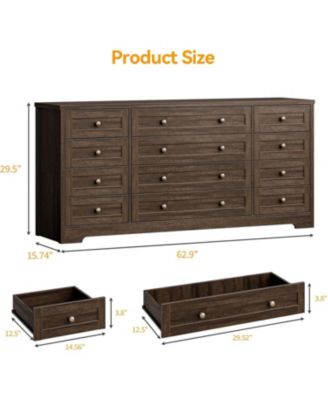 12 Drawers Wood Dressers for Bedroom, 63" Long Wooden Dresser for Living Room, Hallway, 16" Wide TV Stand Dresser for 65 Inch TV, Solid Wood