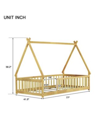 Tent-shaped Floor Bed,Teepee Bed with Guardrails, Slats