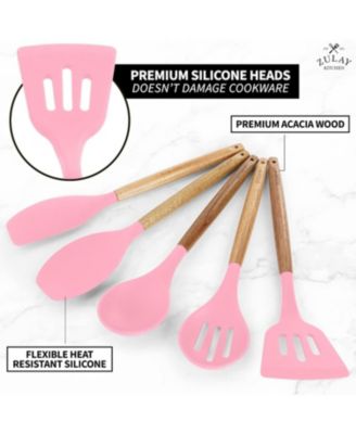 5 Piece Silicone Utensils Set with Authentic Acacia Wood Handles