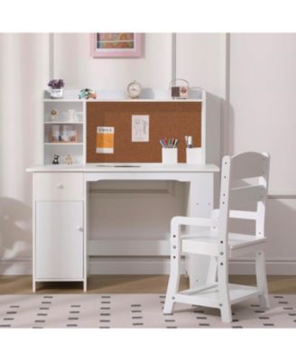 Kids Desk and Chair Set, Wooden Study Table with Storage Shelf, Bulletin Board, Children School Learning Desk Set, Writing Table