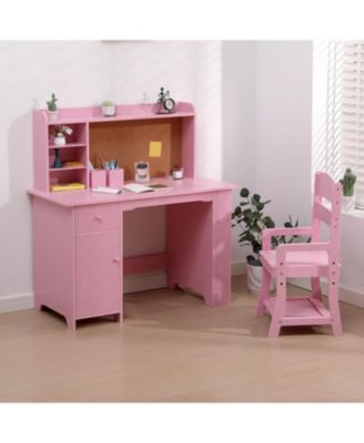 Kids Desk and Chair Set, Wooden Study Table with Storage Shelf, Bulletin Board, Children School Learning Desk Set, Writing Table