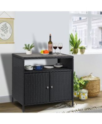 Patio Outdoor Wicker Storage Cabinet with Shelf,Powder Coated Steel,Patio Bar Table with 2-Door and Shelf,All Weather Resin Wicker