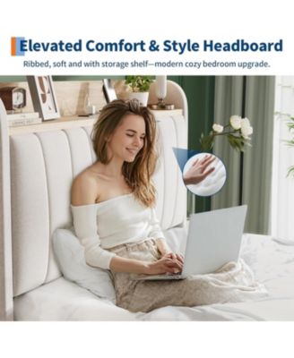 Bed Frame with Storage Headboard and Charging Station, Wooden Platform with Metal Frame & Large Drawers, No Box Spring.