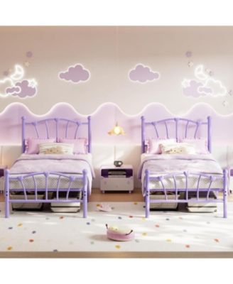 Twin Kids Bed Frame with Headboard & Footboard, Heart-Shaped Metal Platform Bed, Strong Steel Slats, Noise-Free, No Box Spring