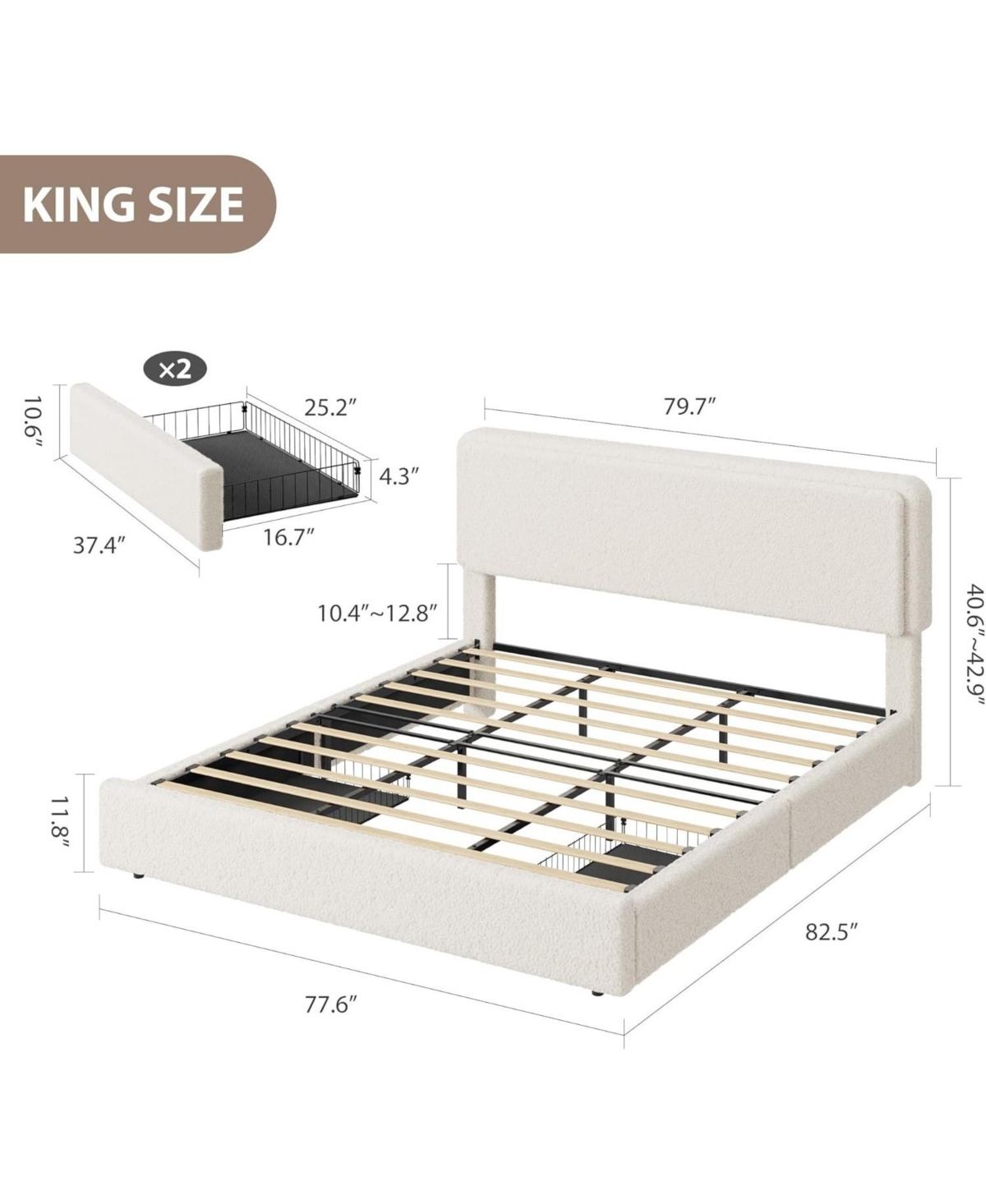 gaomon King Teddy Fleece Bed Frame with Storage Drawers, Cloud Headboard, Soft Fabric