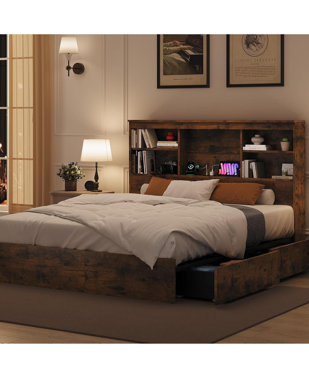 gaomon Queen Bed Frame with Storage Bookcase Headboard & 4 Drawers, Wood Platform Bed with Charging Station, No Box Spring