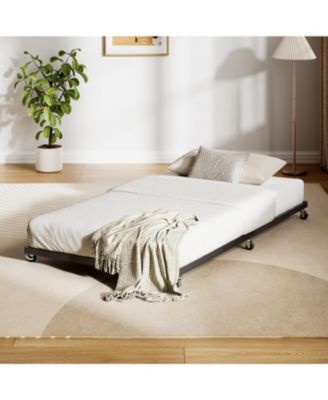 Twin Size Metal Roll-Out Trundle Bed Frame with Wheels, Strong Steel Slats Support, Space-Saving Guest Bed