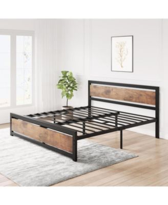 Bed Frame Platform with Headboard Industrial Style Heavy Duty Metal Slats No Box Spring Needed Easy Set Up Wooden