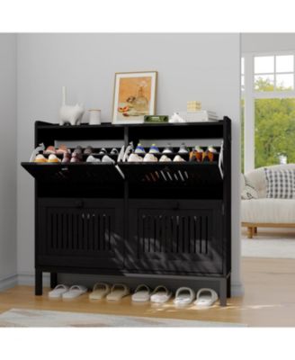 Wooden Shoe Storage Cabinet with 4 Hollow-Panel Flip Drawers and Handles