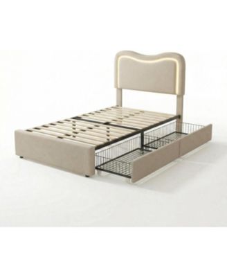 Full Boucle Bed Frame with 2 Storage Drawers, LED Headboard, Upholstered Platform