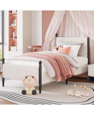 Twin Upholstered Bed Frame with Velvet Headboard, Corduroy Platform, Wood Slats