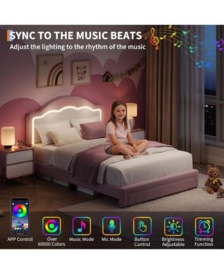 Kids Bed Frame with LED Headboard, Sherpa Upholstered Platform Bed with Storage Drawer, Wooden Slats, Easy Assembly