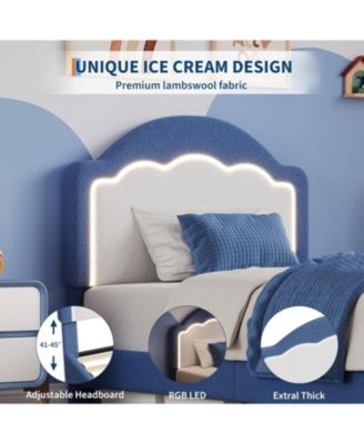 Twin Kids Upholstered Bed with LED Headboard, Plush Sherpa Fabric, Wooden Slats Support, Easy Assembly