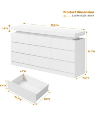 9-Drawer Dresser, 63" Wide Chest with LED Lights & Charging Station, Large Storage Organizer TV Stand for Living Room, Hallway