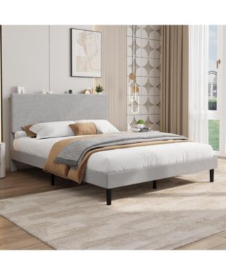 Frame with Charging Station, Corduroy Upholstered Platform Bed with Headboard Shelf, Wooden Slats, Noise Free, Easy Assembly