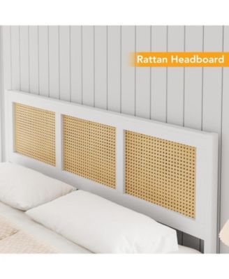 King Rattan Bed Frame Headboard Boho Platform Metal Slats Noise Free No Box Spring