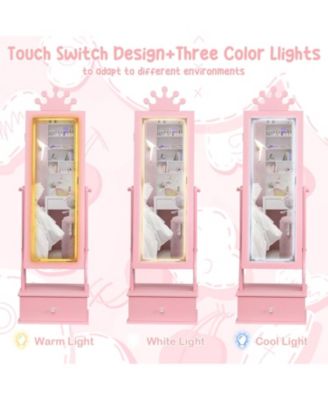 Kids Jewelry Armoire,Child Jewelry Cabinet with Led Light,Freestanding Jewelry Organizer with Full Length Mirror&Storage Drawers