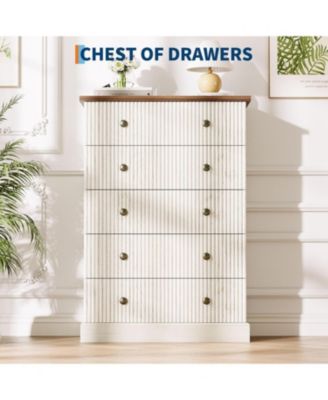 5 Drawer Tall Dresser for Bedroom, Fluted Vertical Chest of Drawers, Wood Storage Dresser with Metal Handles