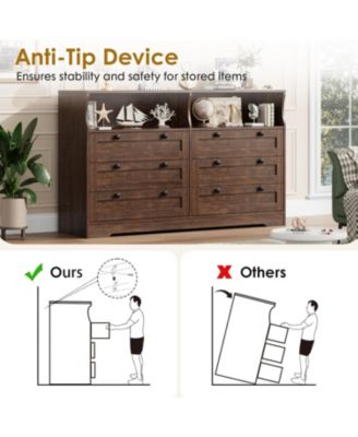 6 Drawer 55 Inch Bedroom Dresser with LED Lights Plus Power Outlet Modern Wood TV Dresser Storage Organizer