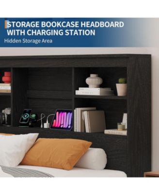 Full Bed Frame with Storage Bookcase Headboard & 4 Drawers, Wood Platform Bed with Charging Station