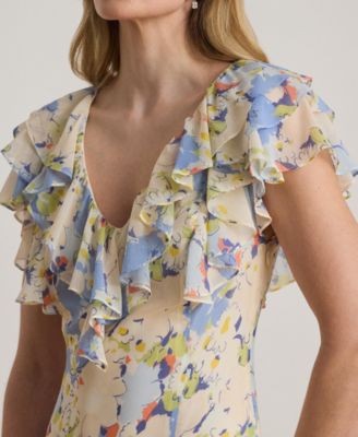 Floral Ruffle-Trim Georgette Gown