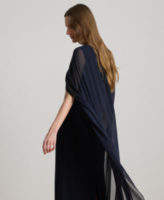 Women's Round-Neck Cape-Overlay Georgette Ball Gown