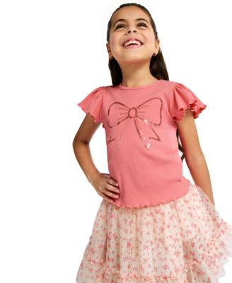Girls' 4-6X Flutter Sleeve Ribbed Top and Printed Tulle Skort, 2-Piece Set