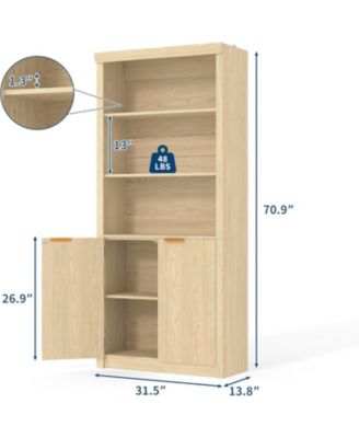Tall Bookshelf and Bookcase, Wooden Bookcase with Doors, Modern Bookcase with Large Storage Cabinet, 5-Shelf Adjustable Top Shelve