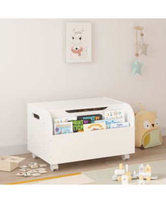 Kids Toy Storage Box - Wooden Toy & Book Organizer with 4 Wheels, Front Bookshelf, Flip-Top Lid and Safety Hinge for Playroom