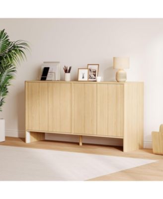 58" Fluted Oak Sideboard Buffet Cabinet with Storage, Large Buffet Cabinet with 4 Doors and Adjustable Shelves