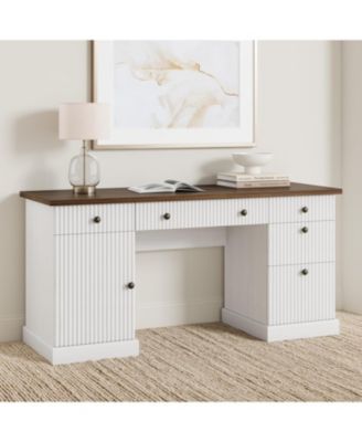 Fluted Home Office Desk Storage, in Modern Executive Desk with Charging Station, Wooden Computer Writing Desk with File Cabinet And Drawers