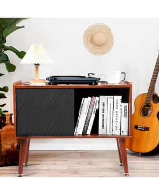 Large Record Player Stand with Charging Station, Vinyl Record Storage Cabinet with Sliding Door for Living Room Bedroom