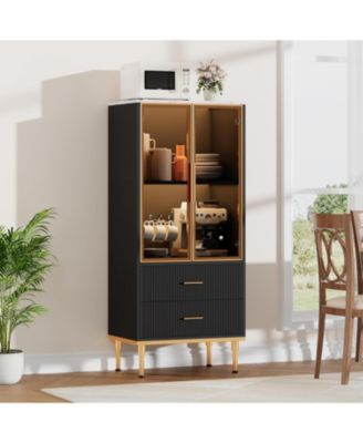 Fluted Pantry Cabinet with Glass Door and 2 Drawers, Kitchen Pantry Storage Cabinet with Adjustable Shelves, Modern Display Sideboard