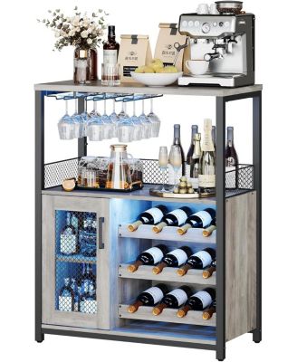 Wooden Wine Bar Cabinet with LED Light, Adjustable Shelves, Glass Holders & Mesh Door, Compact Sideboard