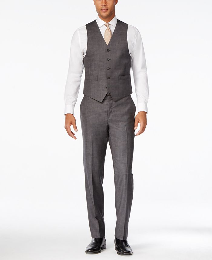 Michael Kors Men's Classic-Fit Charcoal Windowpane Plaid Vested Suit ...