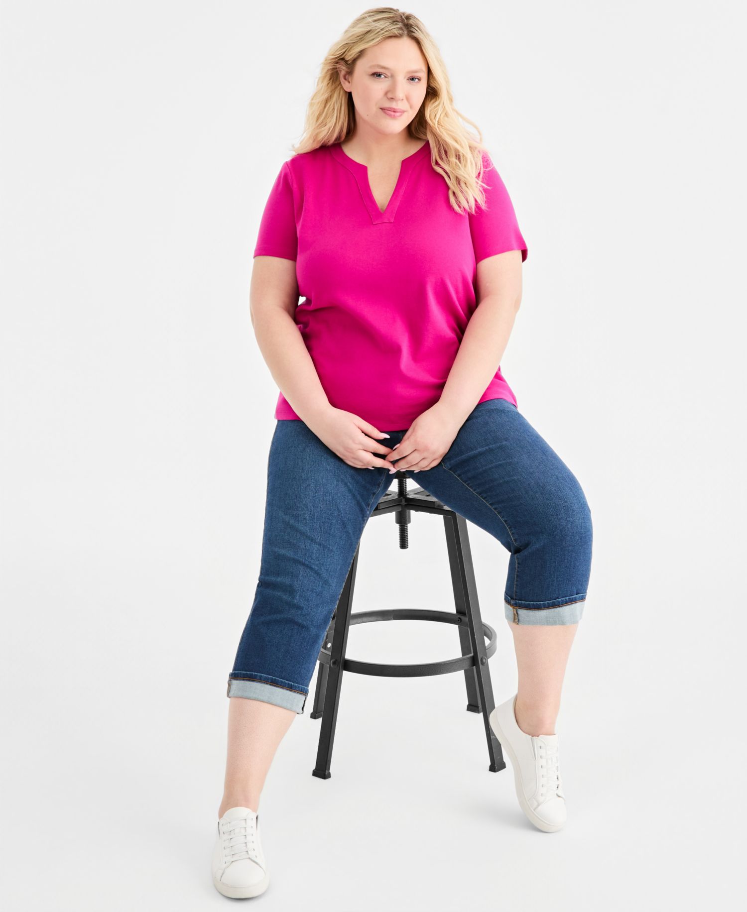 Plus Size Short-Sleeve Split-Neck Top