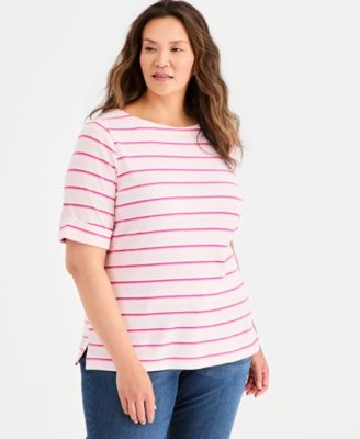 Plus Printed Boat-Neck Elbow-Sleeve Top