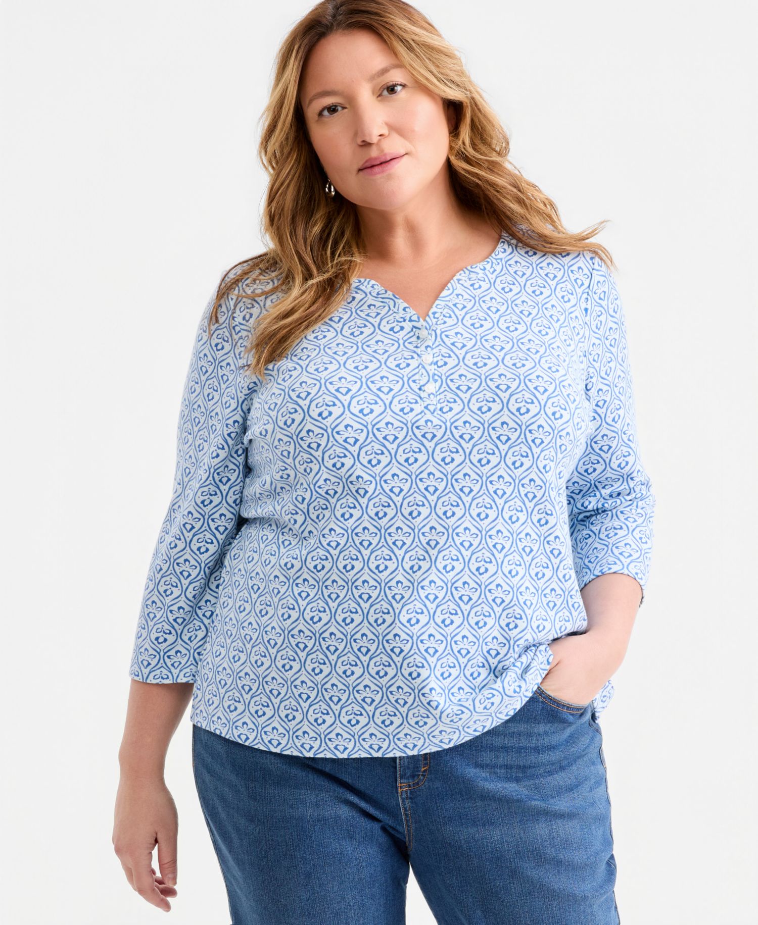 Petite Printed 3/4-Sleeve Henley Top
