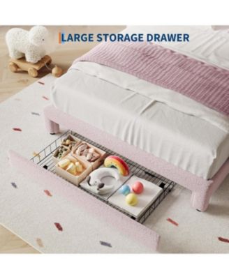 Twin Kids Upholstered Bed with LED Headboard, Plush Sherpa Fabric, Wooden Slats Support, No Box Spring Needed