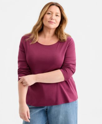 Plus Size Cotton Long-Sleeve Scoop-Neck Top, Exclusively for Macy's 