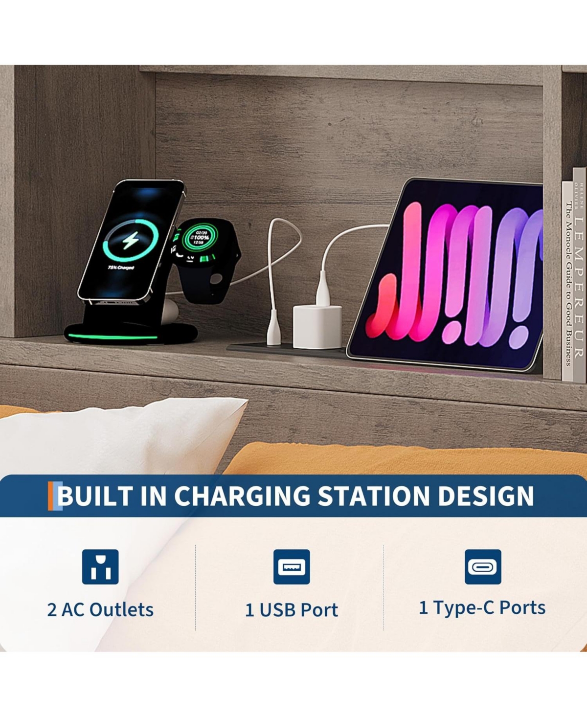 gaomon Full Bed Frame with Storage Headboard & 4 Drawers, Wood Platform Bed with Charging Station, No Box Spring