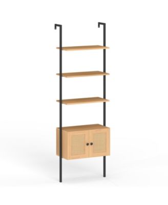 Ladder Bookshelf 5 Tier with Rattan Cabinet and Metal Frame