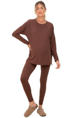 Maternity Light Mocha Brushed Knit Oversized Top and Legging Set