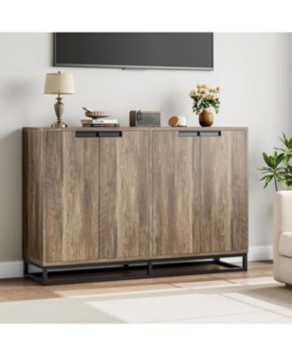 55 Inch Buffet Storage Cabinet with Four Doors Adjustable Shelves and  Metal Handles Modern Farmhouse Style